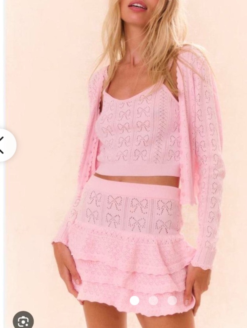 LoveShackFancy Ballerina Pink Baudin Bow Pointelle tiered knit mini skirt size L - Picture 5 of 16